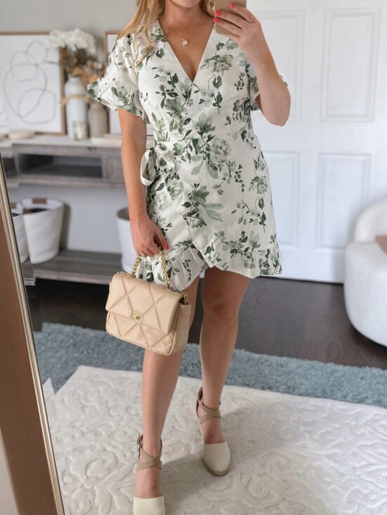 Abercrombie & Fitch Dresses & Skirts - Abercrombie & Fitch Angel Sleeve Wrap Mini Dress ruffled hem White Green ST